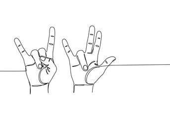Obraz premium Continuous line drawing of two hands gesturing rock on and i love you signs on a white background