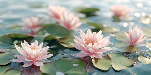 Group of pink flowers are floating on the surface of a pond.
