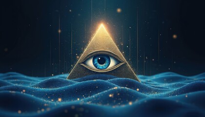 Illuminati symbol featuring all-seeing eye inside gold pyramid. Esoteric masonic sign of divine providence spiritual insight. Occult knowledge, belief, philosophy, history of society. Art