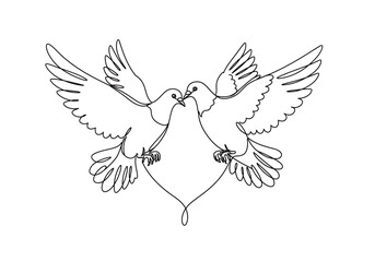 Obraz premium Two doves facing each other with wings spread and a heart shape formed below in a continuous line drawing