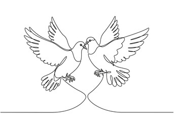 Fototapeta premium Continuous line drawing of two doves facing each other with wings spread on a white background