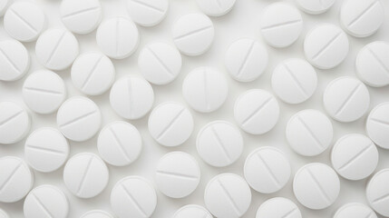 Large collection of round white tablets scattered on a flat surface illustrating pharmaceutical products