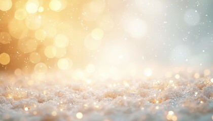 Abstract golden and white background with festive bokeh and glitter. Soft, blurred backdrop for festive celebrations. Christmas, New Year vibes with luxury gold shimmer and sparkling textures.