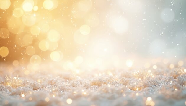 Abstract golden and white background with festive bokeh and glitter. Soft, blurred backdrop for festive celebrations. Christmas, New Year vibes with luxury gold shimmer and sparkling textures.