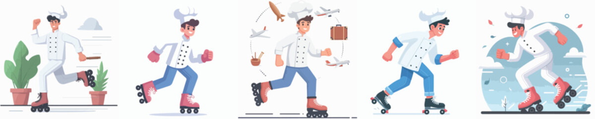 male chef vector playing roller skates
