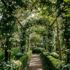 Naklejka premium a garden filled with fragrant jasmine flowers climbing over trellises surrounded by vibrant green bushes and trees