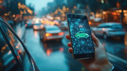 Modern smartphone displaying an electric car amidst a busy city street at night