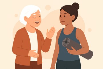 Older woman conversing with younger woman holding yoga mat
