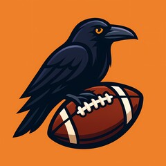 Black raven perched on a football against an orange background