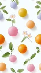 Colorful citrus and floral pattern with leaves on white background