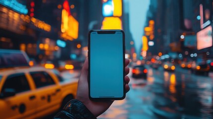 Bright lights of Times Square captured through a smartphone on a rainy evening