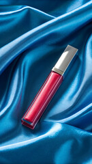 Naklejka premium Bold Lip Gloss Tube on Electric Blue Fabric with Clean Edges and Lighting 