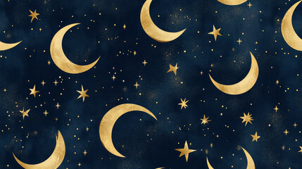 Seamless Celestial Pattern with Golden Moons and Stars on Dark Blue – Magical Night Background