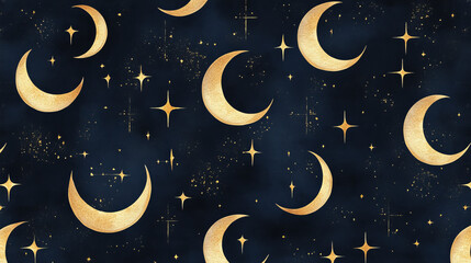 Seamless Celestial Pattern with Golden Crescent Moons and Stars – Night Sky Design

