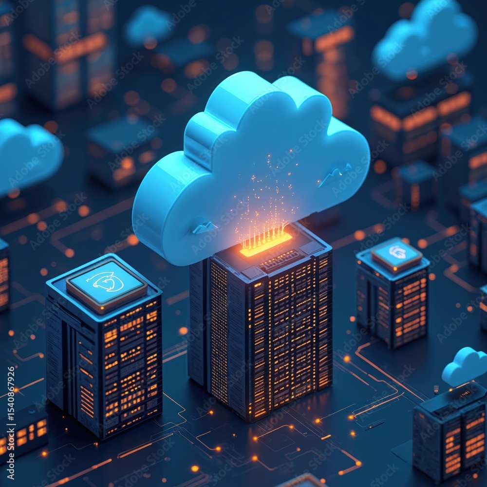 Poster Cloud computing concept. Digital transformation, data transfer to server, cloud data center, SaaS. Technology infrastructure, network security, internet of things, AI innovation.