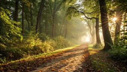 Obraz premium Sunlit Forest Path Misty Dawn, Landscape Photography, Golden Hour Composition, Nature, Trees, Sunlight Nature Photography, Forest Scene