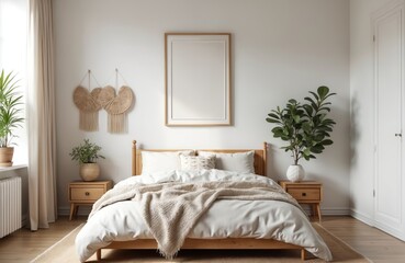 Cozy bedroom interior with boho decorations, wooden furniture. Minimalist home style with bed pillows blankets, plants. Modern design in light colors. Comfort, relaxation, simple accommodation with