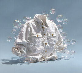 White casual shirts washed in clean water and stain removal with liquid bubble, Detergent cleaner, 3d rendering.