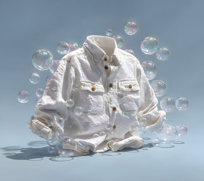 White casual shirts washed in clean water and stain removal with liquid bubble, Detergent cleaner, 3d rendering.