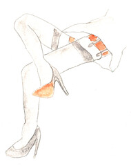 Women's legs in stockings and shoes, short skirt. Watercolor illustration, hand drawn modern freehand new