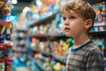 Generative AI image of a cheerful child enjoying a visit to a colorful toy store