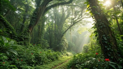 Obraz premium Sunlit Rainforest Path Lush Greens, Sunlight, and Red Flowers, Landscape Photography Rainforest,Jungle