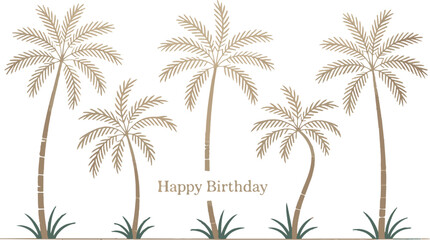 Golden Brown Palm Trees Happy Birthday Greeting Card Tropical Illustration Four Palm Trees Greeting Card Design