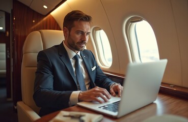 Businessman in suit works on laptop inside private jet. Manager, trader, investor checks stock market data, analytics. Luxury lifestyle, business travel. Modern tech, comfortable, flight, success.