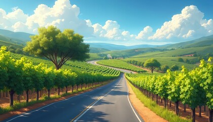 Fototapeta premium Scenic illustration of italian countryside road trip through vineyards, sunny day, panoramic view. Winding road trip through green rural hills, pathway. Blue sky, white clouds. Travel, explore,