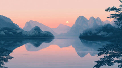 Sunset Over Calm Lake with Silhouetted Mountains – Dreamy Natural View