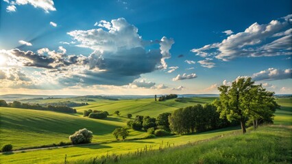 Obraz premium Sunlit Rolling Hills Landscape Dramatic Cloudscape, Green Fields, Wide Composition, Nature Photography, Rural Scenery Keywords Landscape, Nature