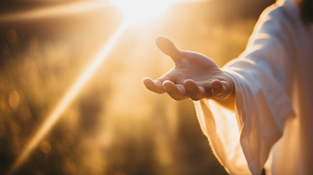 Outstretched hand in white robe reaching toward the light at sunrise, symbolizing hope, faith, and spiritual guidance.
