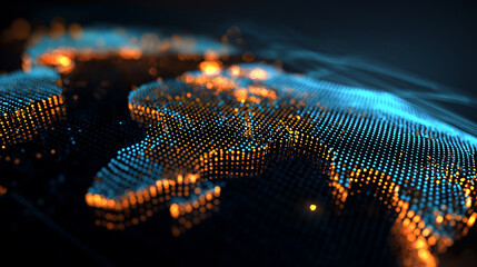 Digital rendering of a glowing 3D world map with blue and orange light points symbolizing global data flow and connectivity.

