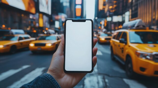 Smartphone held in hand amidst busy Times Square with yellow cabs and urban hustle - Powered by Adobe