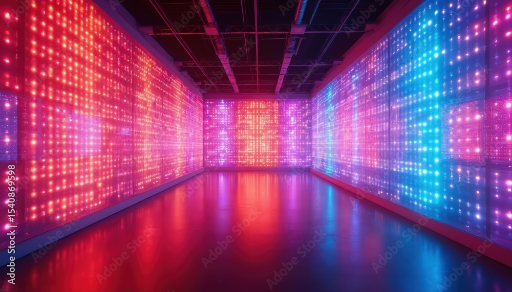 Poster glowing led wall display with vibrant colorful lights. digital art creates stunning visual spectacle