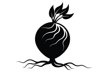 Stylized Silhouette of a Root Vegetable with Leaves and Intricate Root System