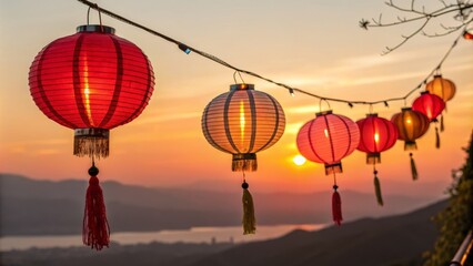 Sunset Lanterns String of Red and Orange Paper Lanterns at Golden Hour, Landscape Photography, Chinese New Year Chinese Lanterns, Festival Lighting