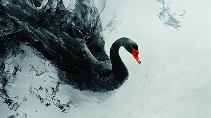 A black swan floating serenely with its dramatic red beak glowing in stark contrast against its glossy dark feathers on white
