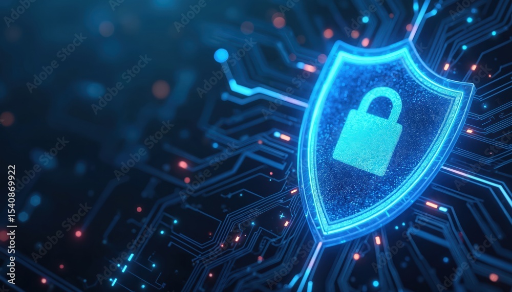 Poster Digital shield with lock icon on abstract tech background. Security, data protection, network privacy, cyber safety concept. 3d rendering illustration of secure connection.