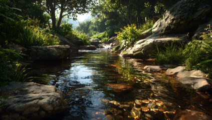 Obraz premium A peaceful stream passing over rocks within a natural landscape, with sunlight brightening the background.