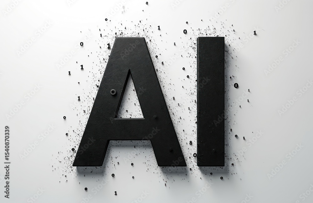 Aufkleber Black AI symbol emerging from binary code data cloud. Artificial intelligence concept. Digital tech, neural network, machine learning. Modern information technology concept on white background.