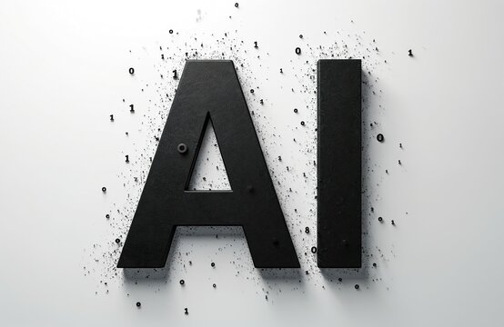 Black AI symbol emerging from binary code data cloud. Artificial intelligence concept. Digital tech, neural network, machine learning. Modern information technology concept on white background.