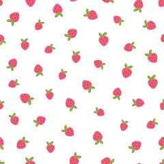 Seamless strawberry pattern cute cartoon hand drawn red pink sweet berries on white background. Summer organic fruit abstract vector illustration wallpaper