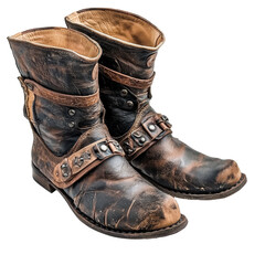 Stylish pirate leather boots featuring aging and ragged design set against a Transparent background, pirate leather boots isolated on PNG background