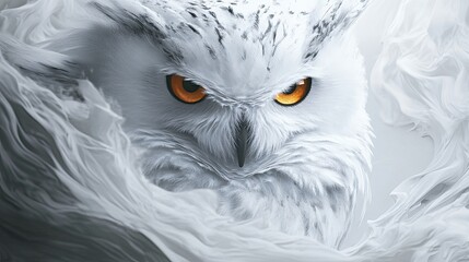 A snowy owl captured mid-turn with its piercing golden eyes staring sharply