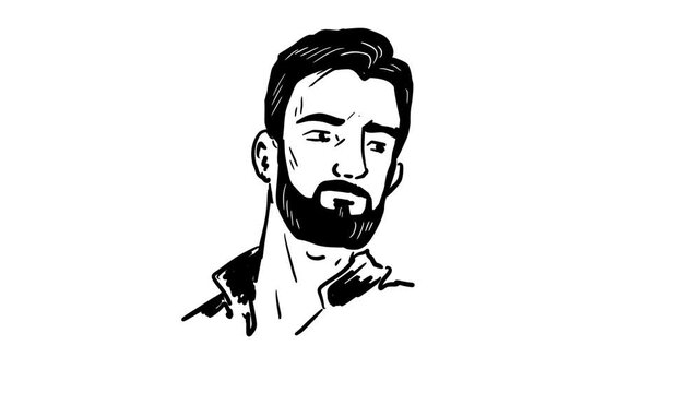 Portrait of a young brunette man with a fashionable beard. Human face. Drawing process. Art illustration. Video footage on a white background