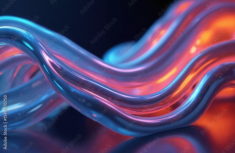 Poster Holographic 3D illustration with glossy, vibrant curves and abstract shapes. Neon, iridescent color palette with gradient, smooth texture. Modern futuristic design creates dynamic flow.