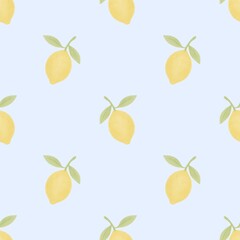 Watercolor lemon seamless pattern with green leaves on light blue background