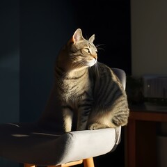 Tabby Cat Indoor Animal Portrait: Relaxed Pet in Minimalistic Home with Natural Light and Soft Furnishings