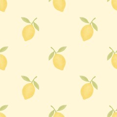 Watercolor lemon seamless pattern with green leaves on pale yellow background